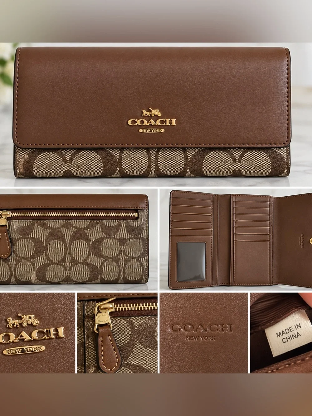 Coach Signature C Canvas & Brown Leather Slim Envelope Wallet Gold Hardware